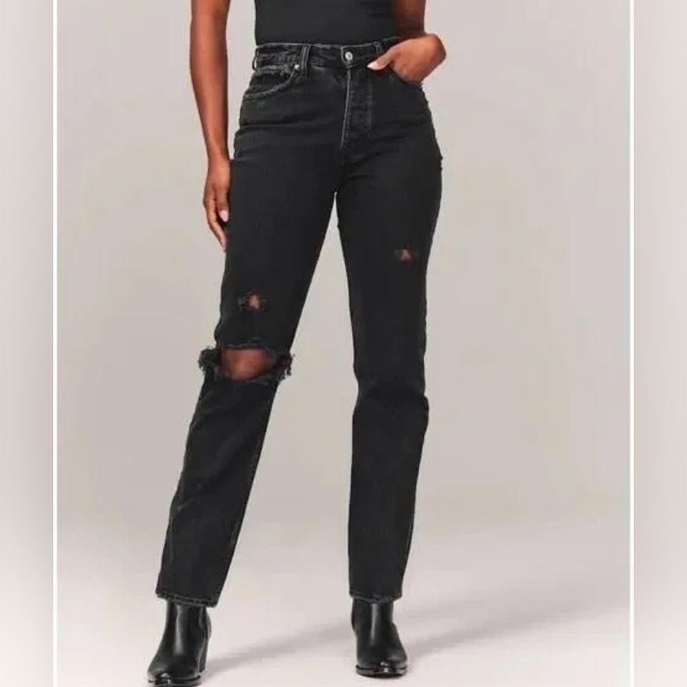 27/4 Abercrombie & Fitch Black Distressed Curve Love Dad High Rise Jeans